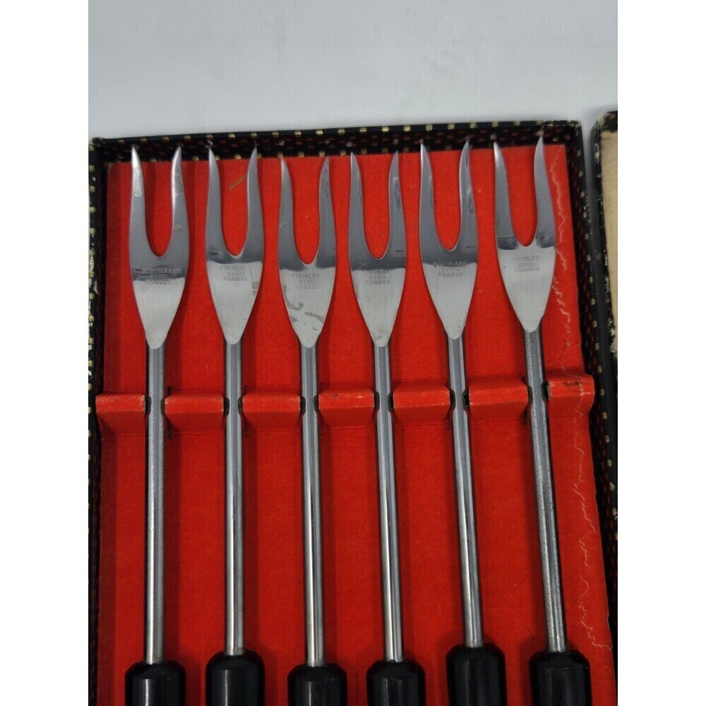 VINTAGE STAINLESS STEEL BLACK HANDLE FONDUE FORKS SET OF 6 WITH BOX FRANCE MCM - Picture 4 of 16
